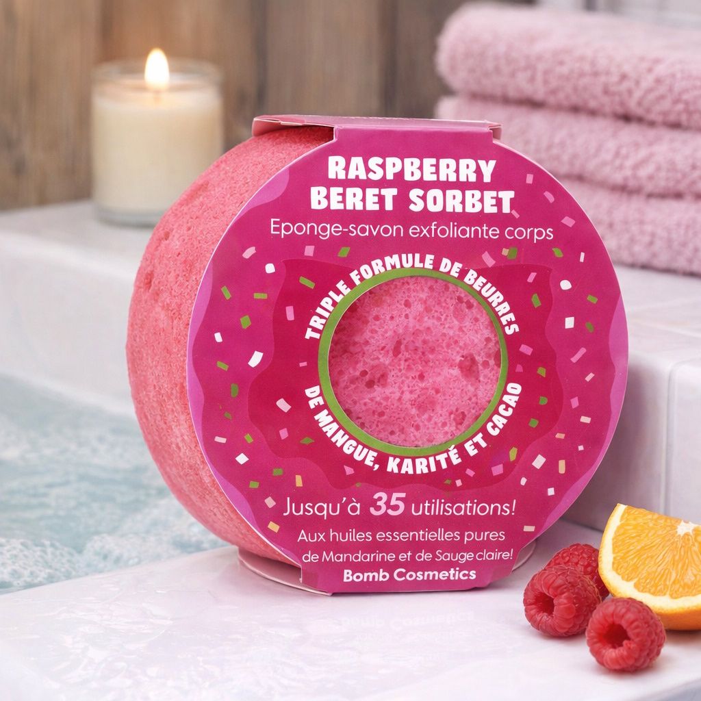 Bomb Cosmetics Body Buffer Soap Shower Sponge Raspberry Beret