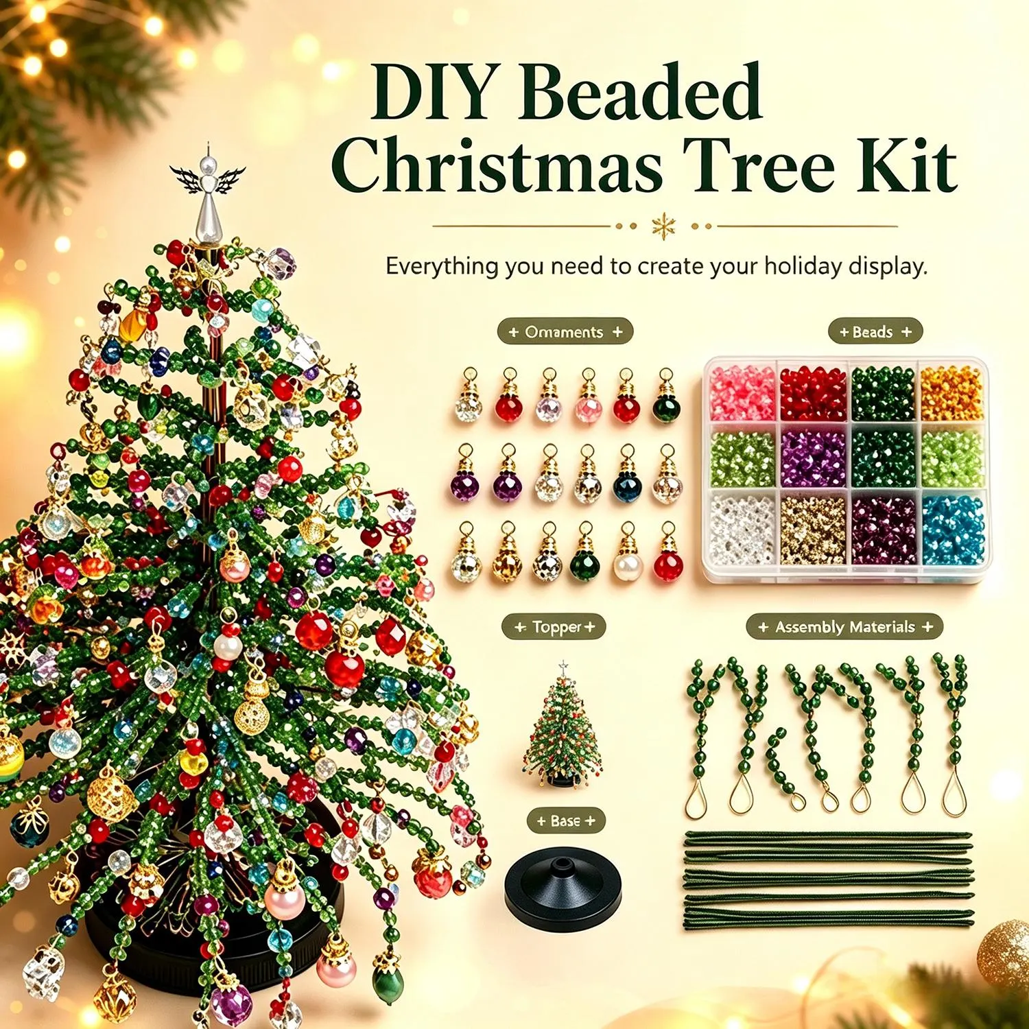 DIY Beaded Christmas Tree Kit with Lights, Light Up Bead Xmas Tree Craft Kit, Tabletop Beaded Holiday Decoration, Festive Home Decor