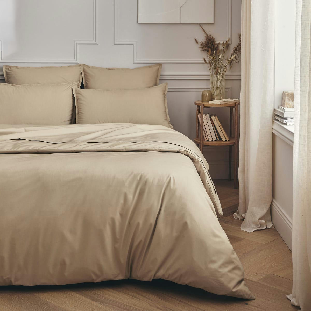 PREMIERE - Parure de lit en percale de coton Beige Lin 200x200