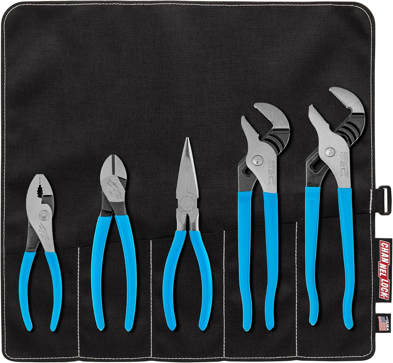 CHANNELLOCK TOOL ROLL-3 5pc Professional Pliers Set with Tool Roll, Made in USA, Includes Straight Jaw Tongue & Groove, Cutting, Long Nose, and Slip Joint Pliers, Forged High Carbon Steel
