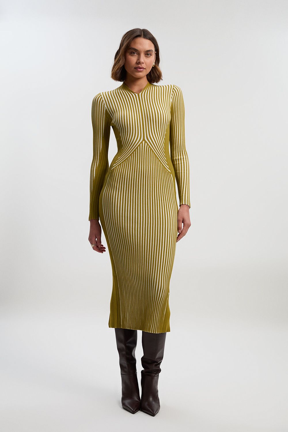 KarenMillen Stripe Fitted Long Sleeve Knitted Midi Dress