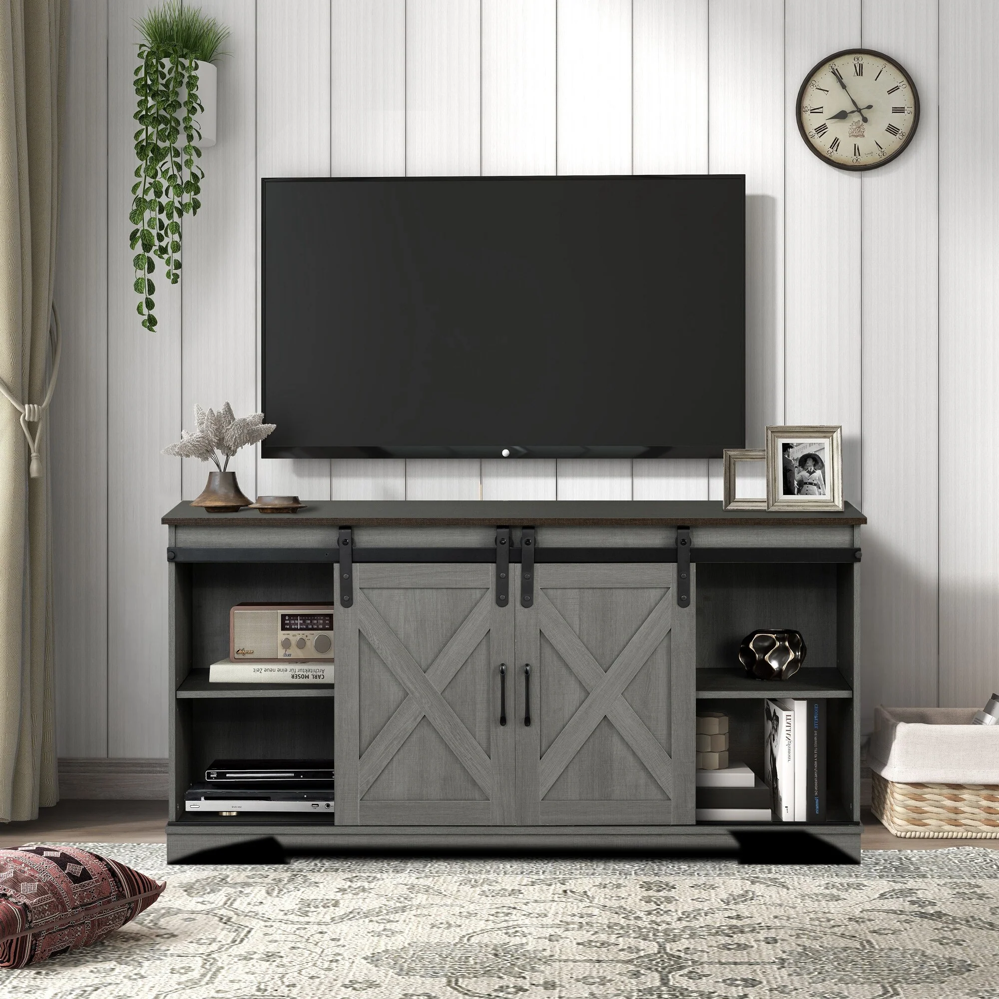56-inch Dark Grey Wood TV Stand Media Console TV Entertainment Center