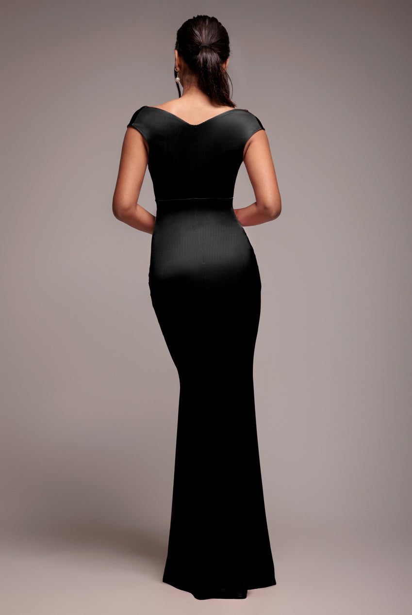 Goddiva Satin Off The Shoulder Maxi Dress