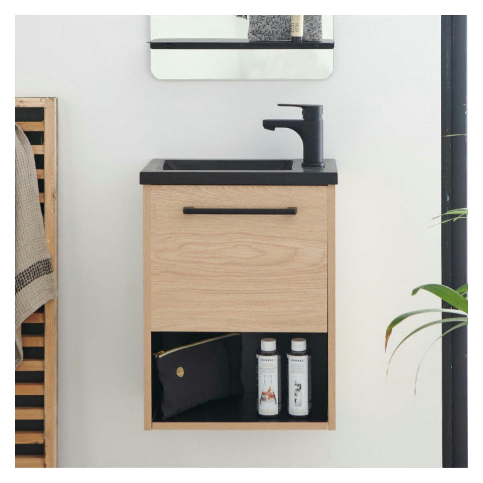 NIKA - Meuble lave-mains  Décor chêne intérieur noir + robinet noir