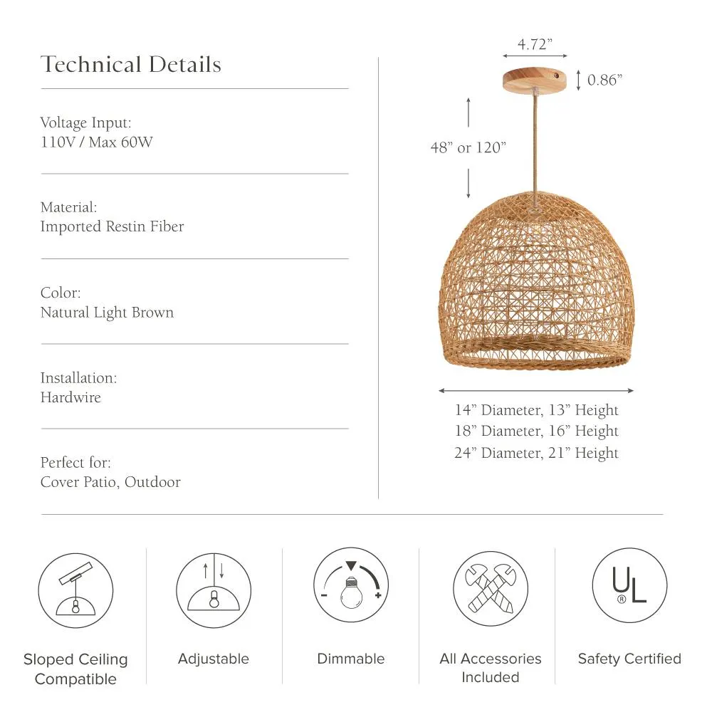 Outdoor Rattan Pendant Light - Lumiere Woven Hanging Lamp for Patio, Kitchen Island, Dining Room & Porch