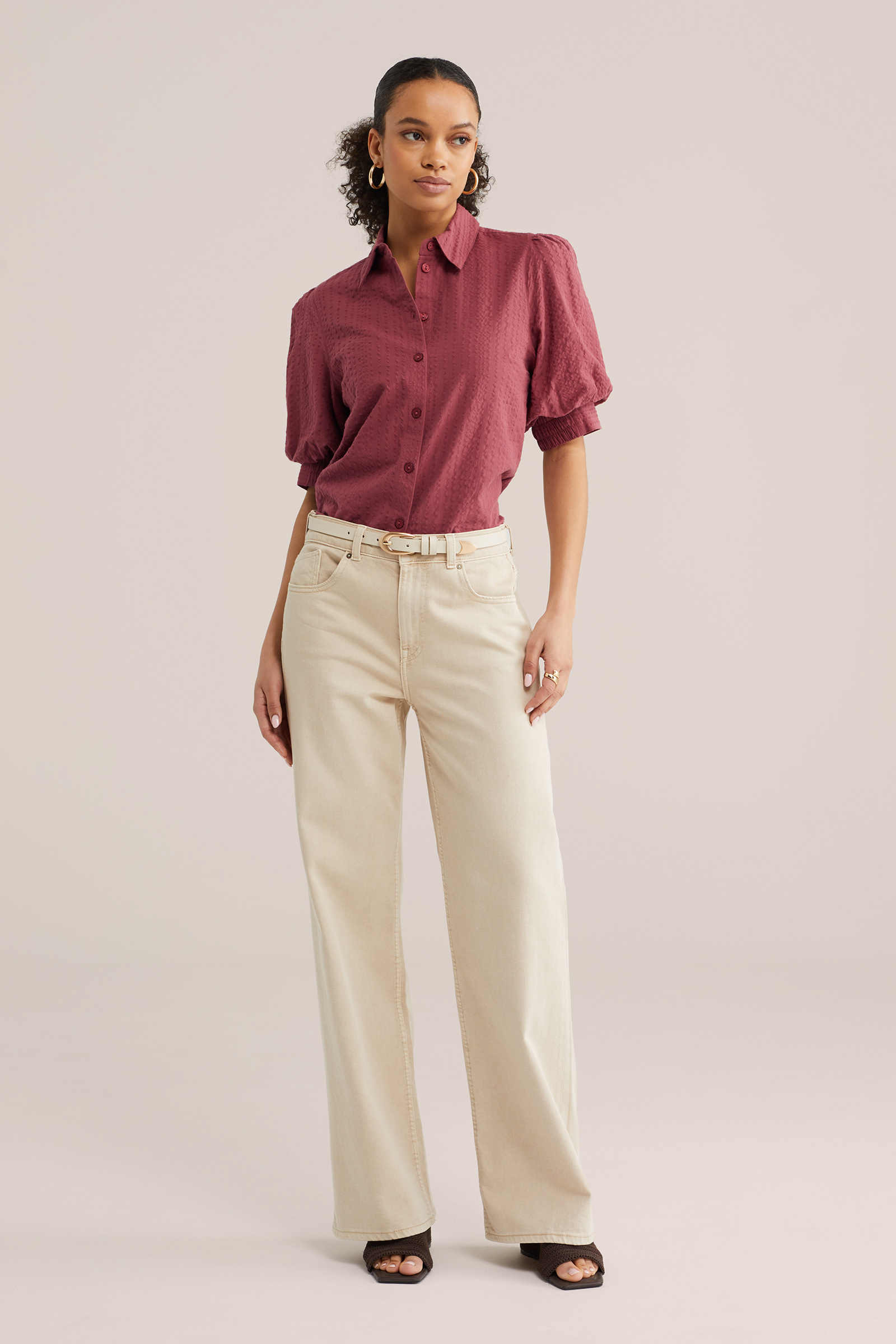 Dames seersucker blouse met pofmouw