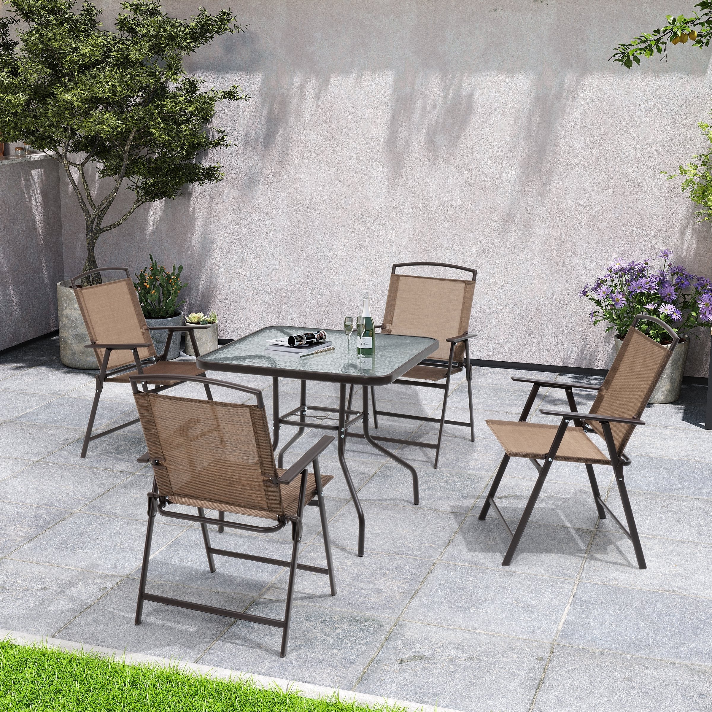 Outdoor 5-piece Patio Dining Set Folding Chairs and Glass Table with Umbrella Hole - See the specifications