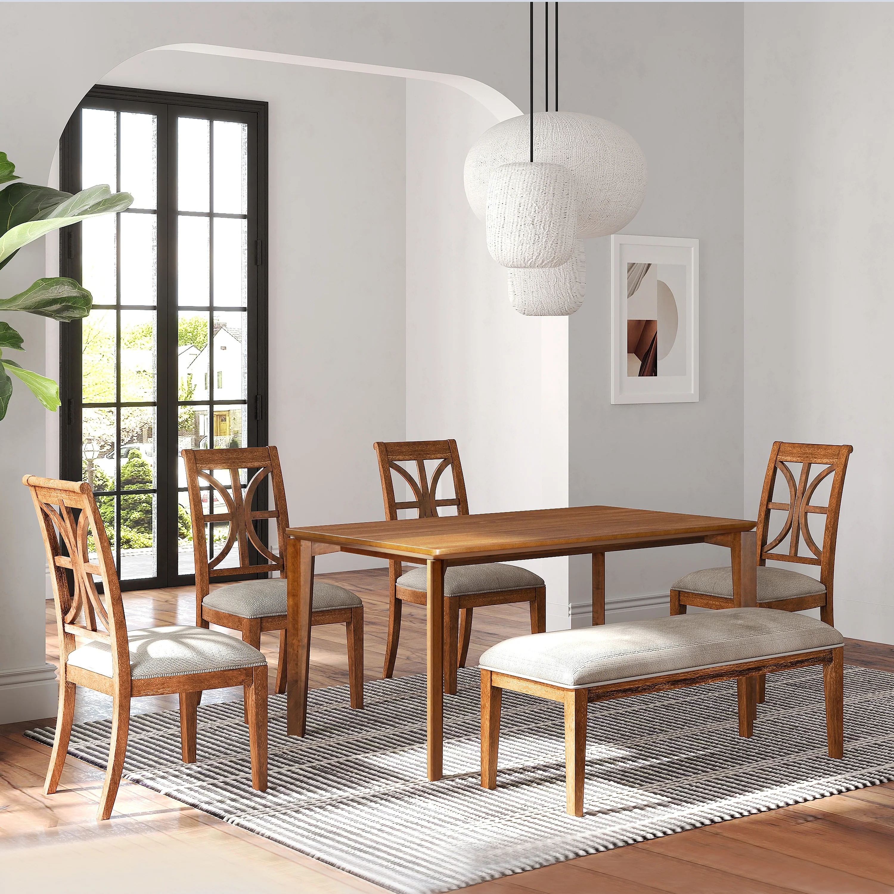 Walnut Veneer MDF Wood 6-Person Rectangle Dining Table with Rubberwood Legs - 59.06 Wide