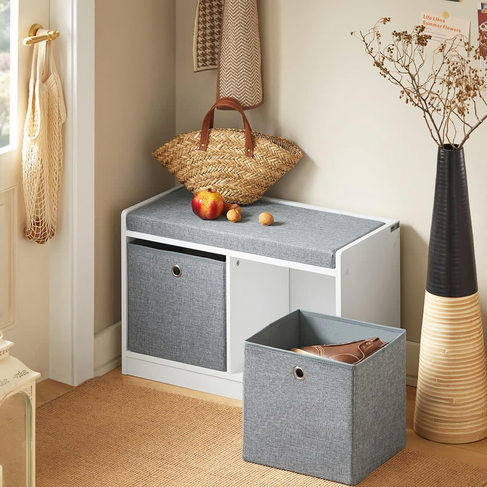 - Banc à chaussures avec 2 paniers et coussin rembourré effect bois gris