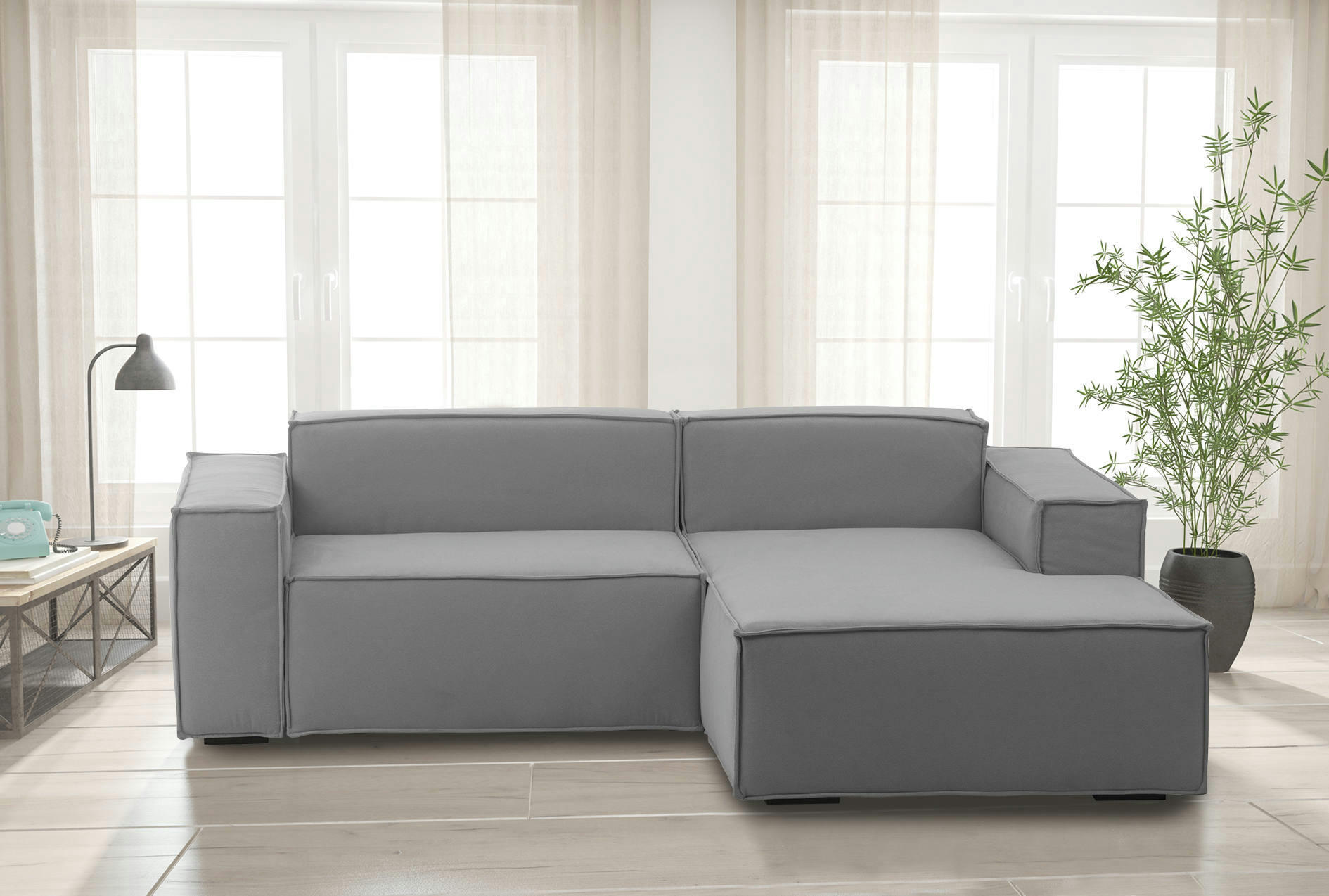 DLORENZ - Canapé d'angle 2 places en tissu gris