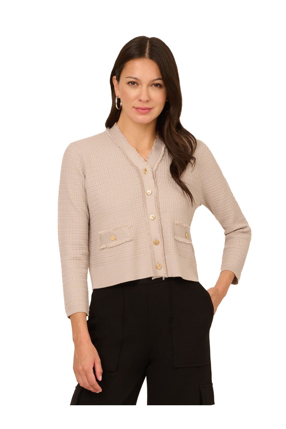 Adrianna Papell Knit Frayed Waffle Crop Cardigan Sweater With Gold Buttons