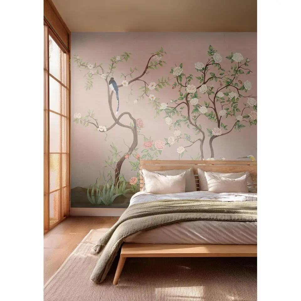 Sanders & Sanders fotobehang bloemen en vogels roze en groen - 424 x 280 cm