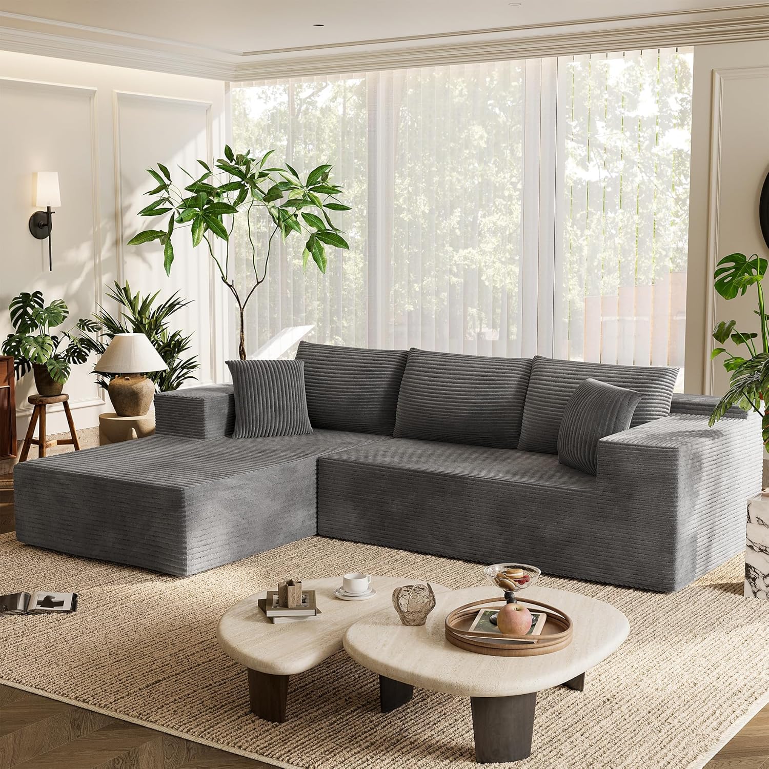 Homall 108 Modular Sectional Sofa, Boneless Couch with L-Shape Chaise, Cloud Couch with Deep Seat Upholstered, No Assembly Required for Living Room, Bedroom (Corduroy, Grey)