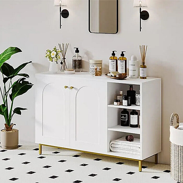 Meuble de Salle de Bain Blanc - Rangements - Placards 2 Portes - Compartiment Ouvert Etageres Reglable - Salle de Bain