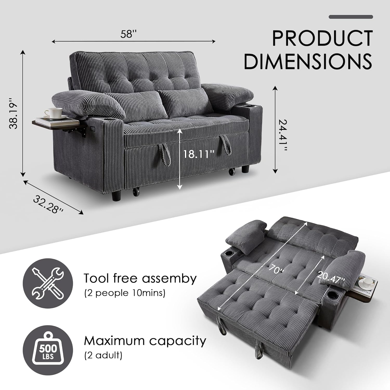 Wakefit 58in Sleeper Sofa Bed, Convertible Pull Out Couch Bed Full Size Corduroy Fabric Loveseat for Living Room, Apartment, Office(Darkgrey) | USB Charging, Cup Holder, Foldable Side Table, Adjustable Backrest, Spring Pocket Seat