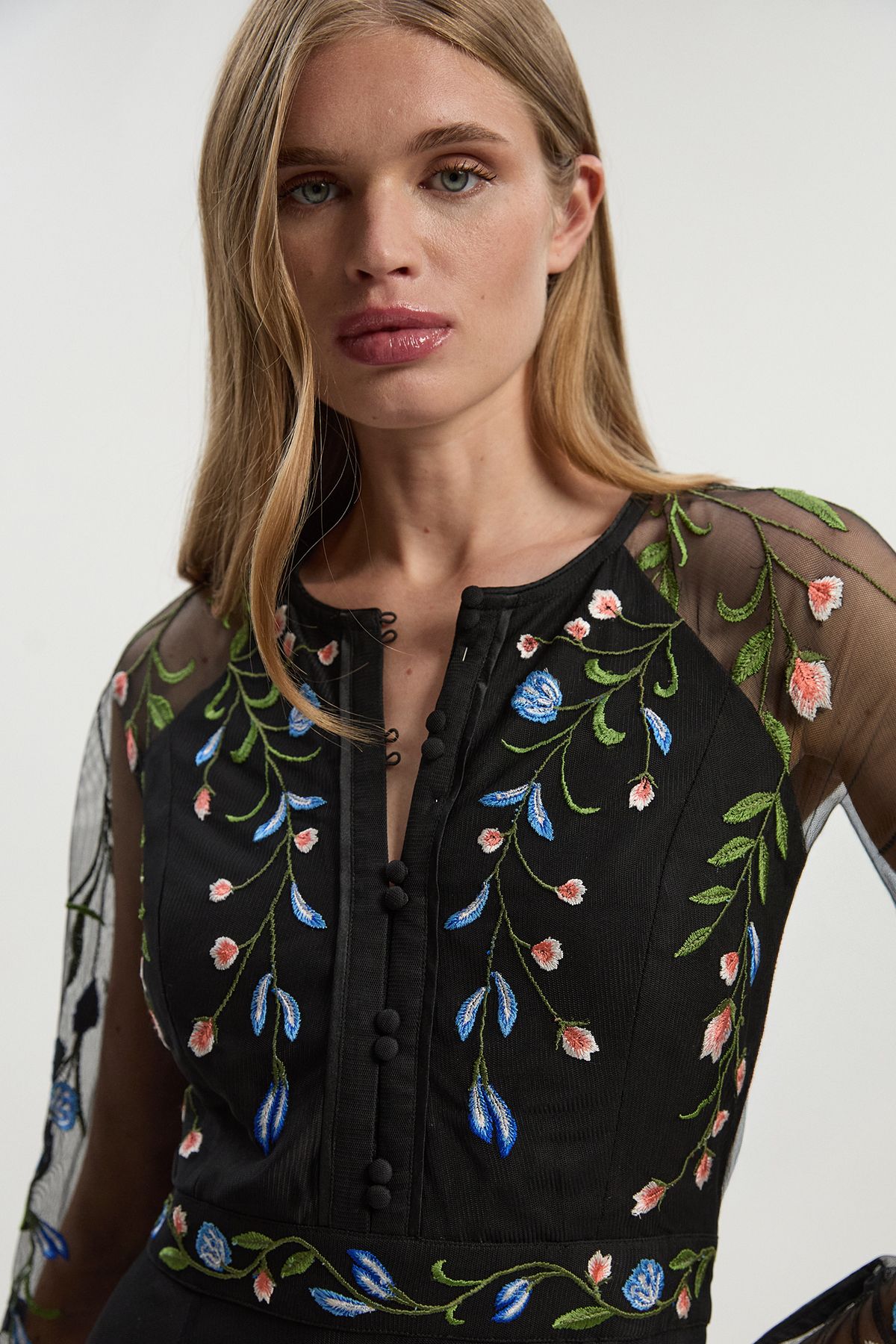 KarenMillen Petite Placed Floral Embroidered Mesh Woven Belted Maxi Dress