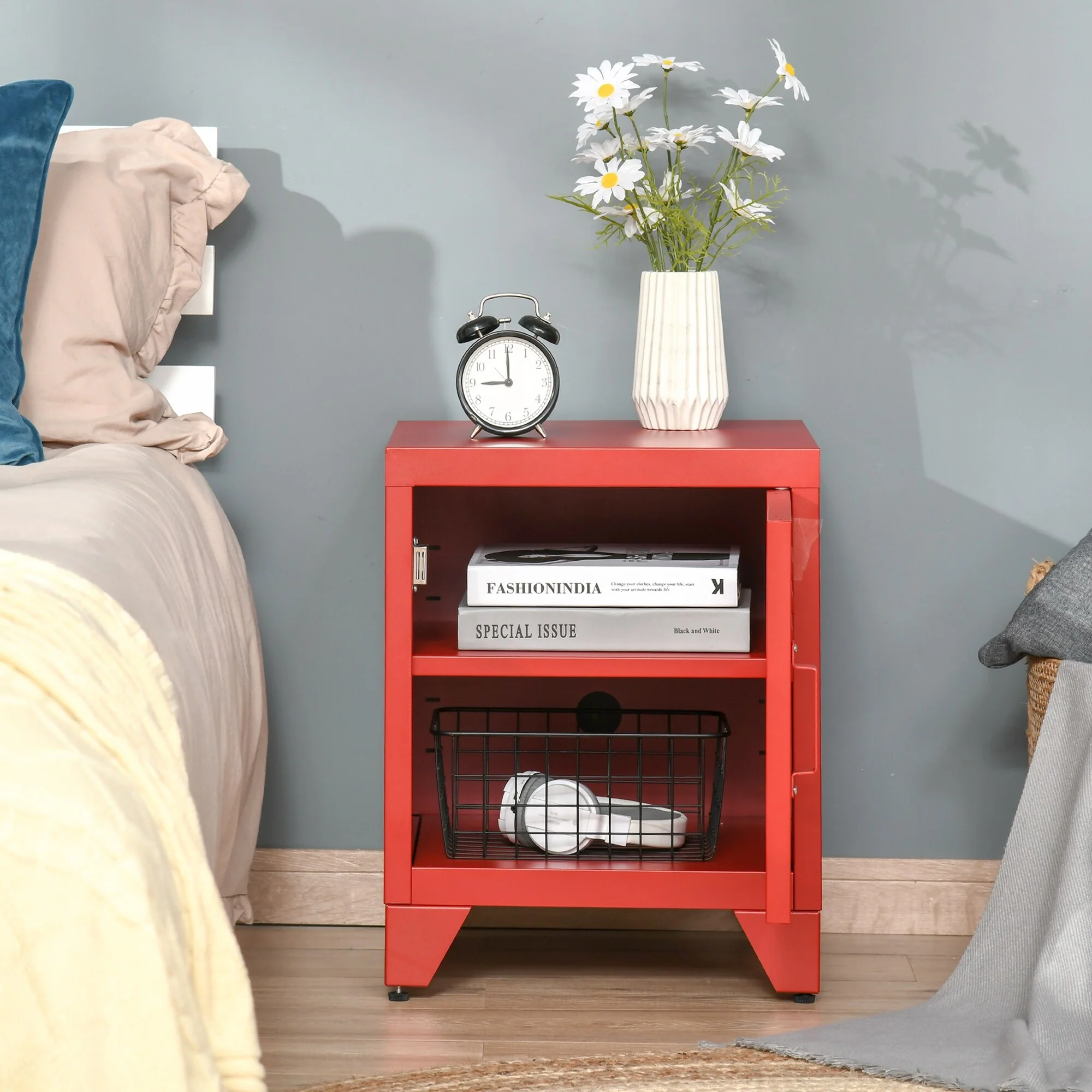 Industrial End Table Side Table With Locker-Style Door And Adjustable Shelf