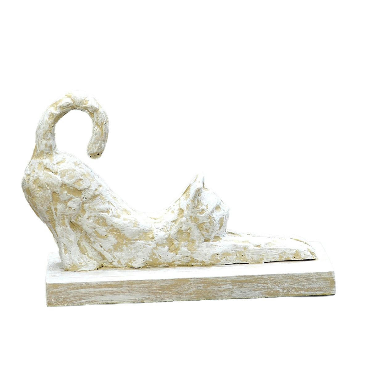 SCAT - Statuette chat couché h 15 cm  blanc/or 22x8x15 cm