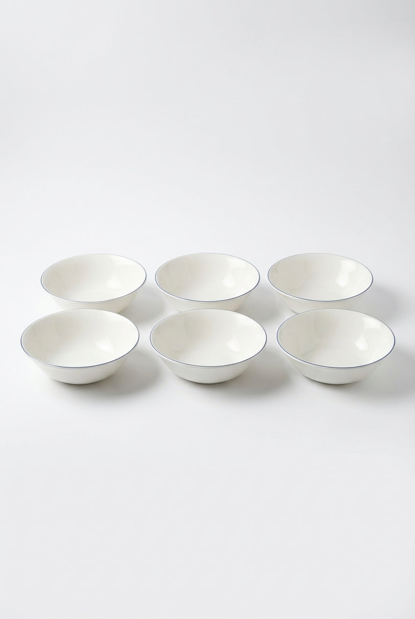vtwonen - Ontbijtkom - Wit/Blauw Lijn - Porselein - Set van 6