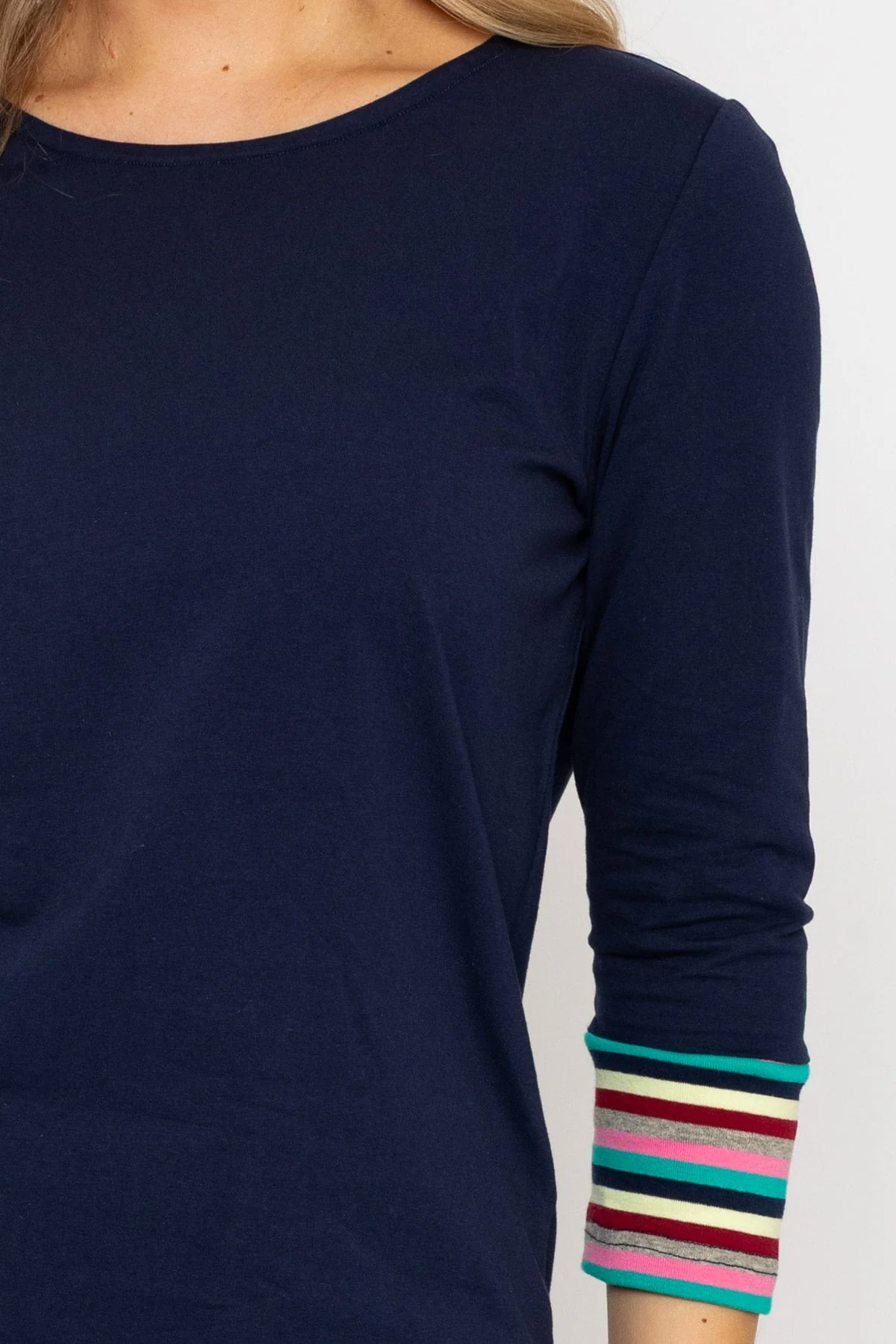 Navy Jersey Top with Stripe Cuffs