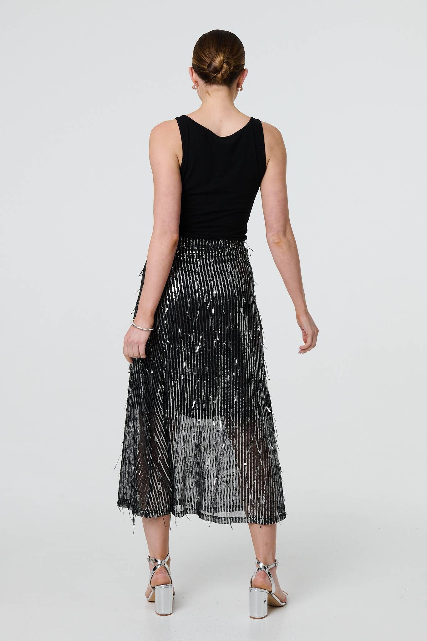 Izabel London Sparkly Striped Mesh Layer Midi Skirt