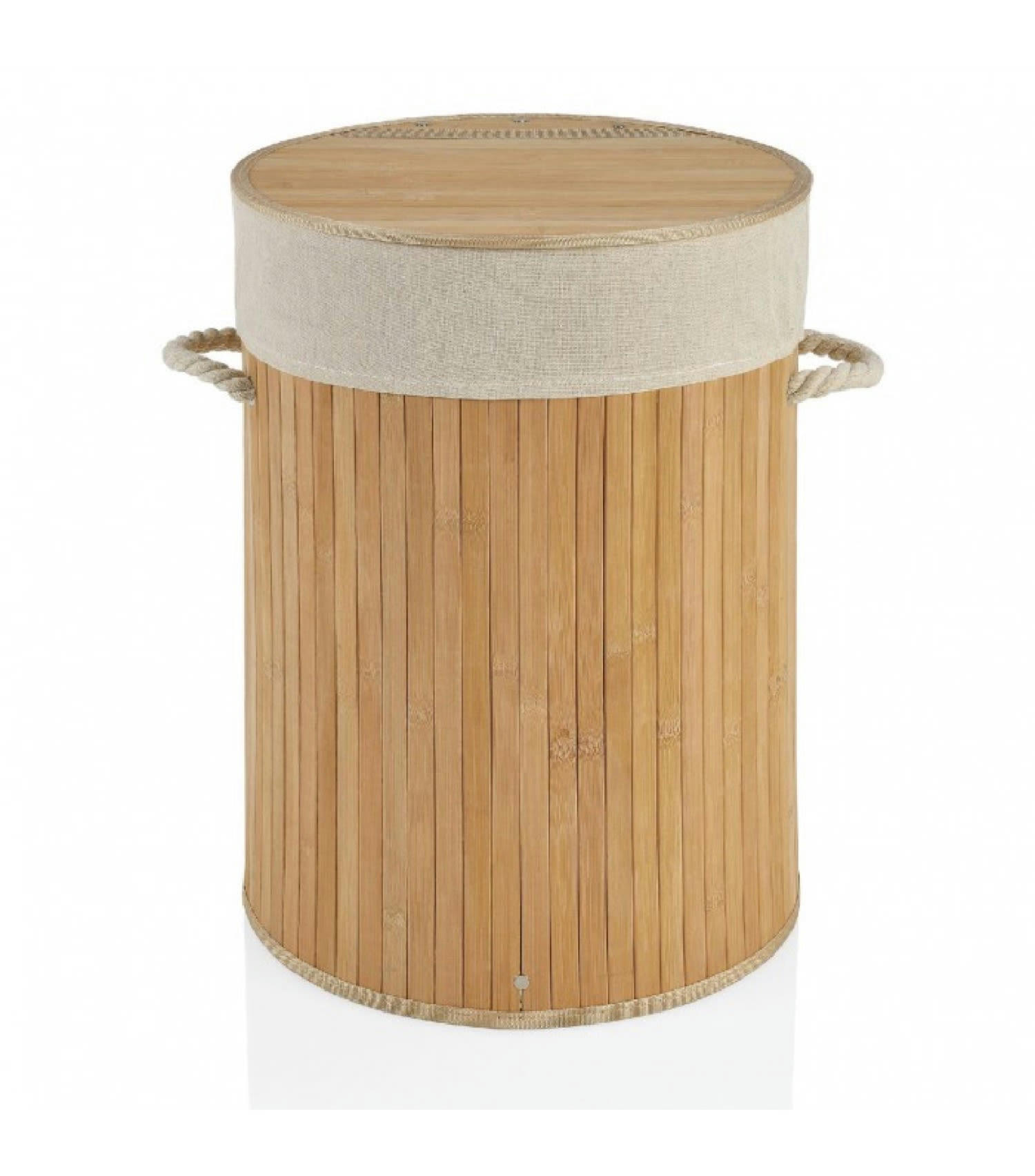 BAMBOU - Panier à linge rond bambou poignées corde intérieur amovible beige