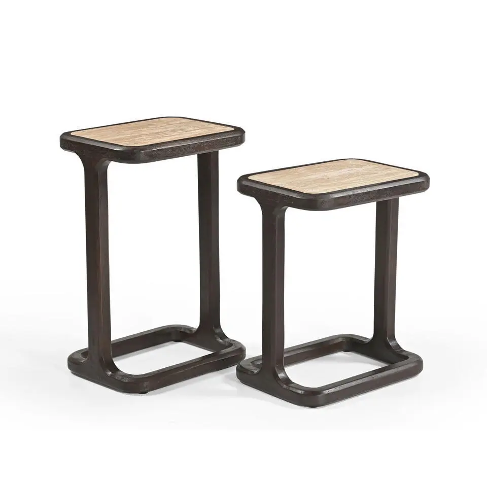 Bijzettafel Rechthoek Bruin/Travertin - Set van 2 - Arvid