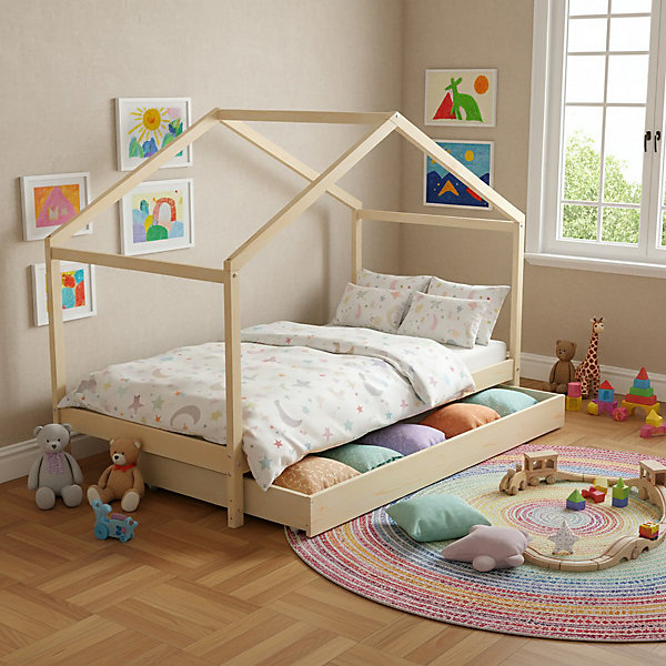 KOALA Lit cabane enfant avec tiroir - Bois pin massif - Naturel - Sommier inlcus - 90x190cm