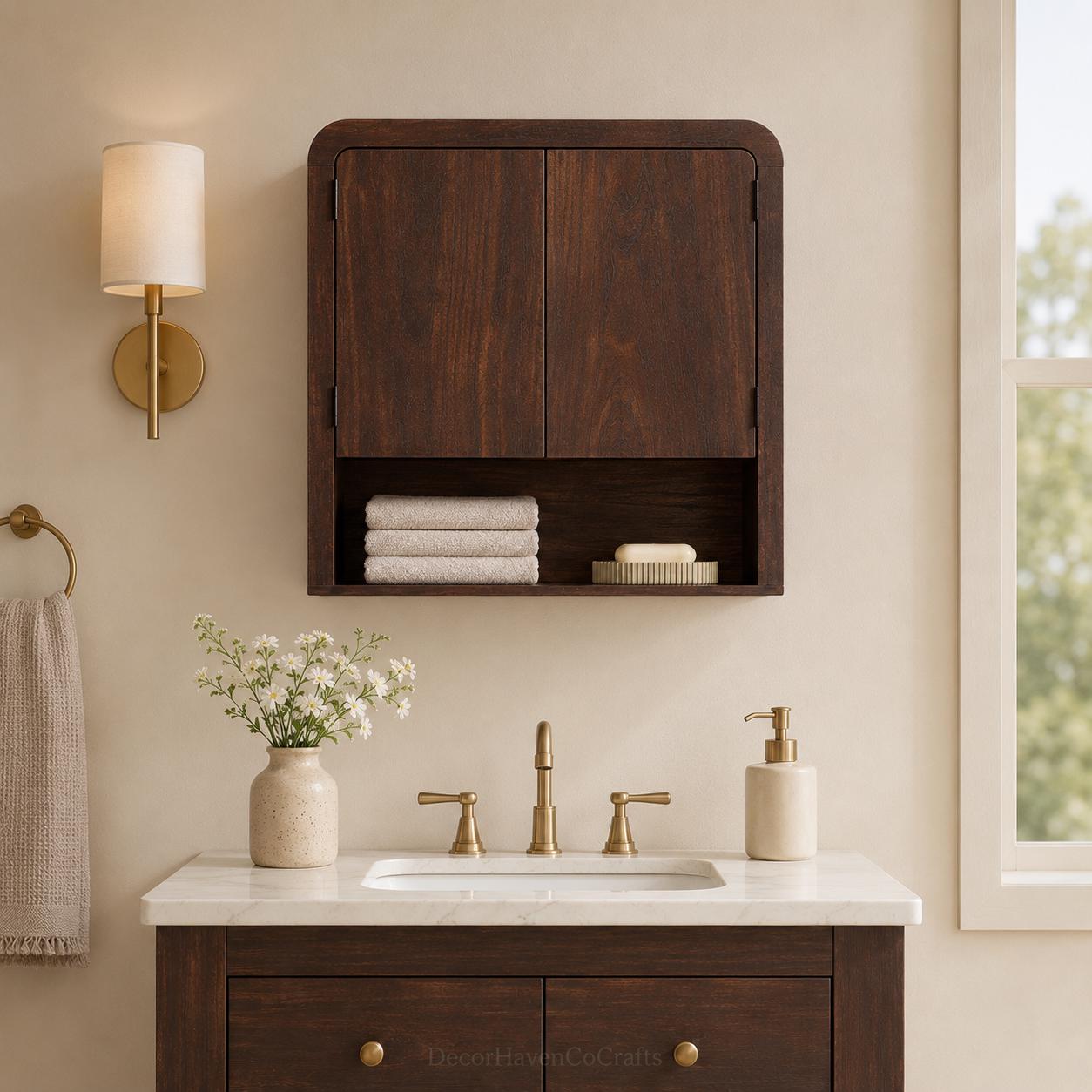 Dark Brown Wooden Wall Cabinet, Bathroom Organizer, Adjustable Shelf Storage
