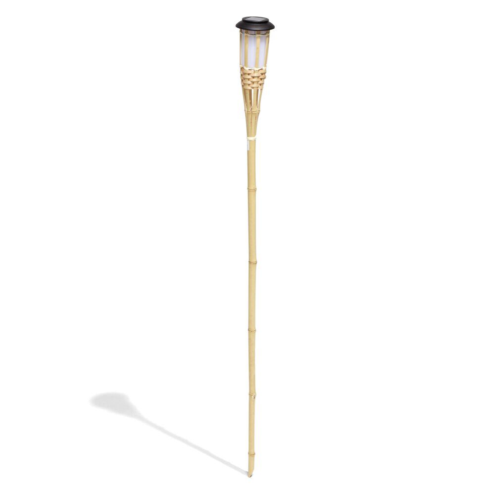 Torche solaire effet flamme 12 LED blanc chaud bambou H120cm
