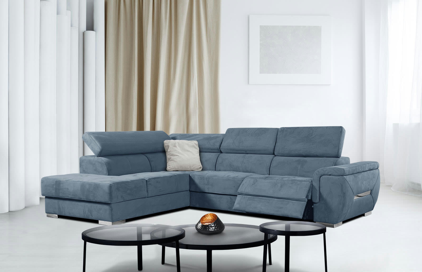 KELTE - Canapé d'angle gauche 5 places avec une relaxation tissu bleu