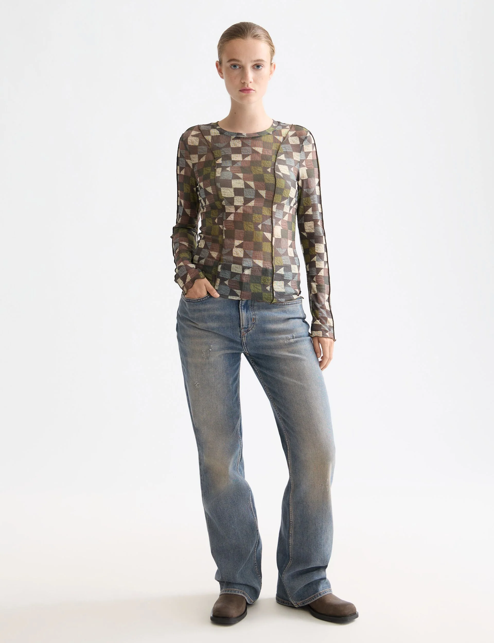 All over printed mesh long sleeve T-shirt