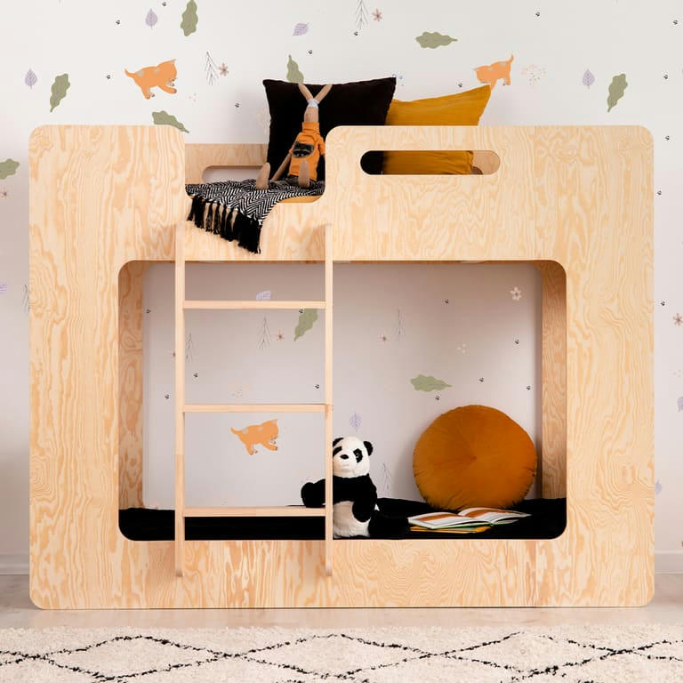 MÉLISSA - Lit superposé 90x200 échelle à gauche sommier inclus naturel