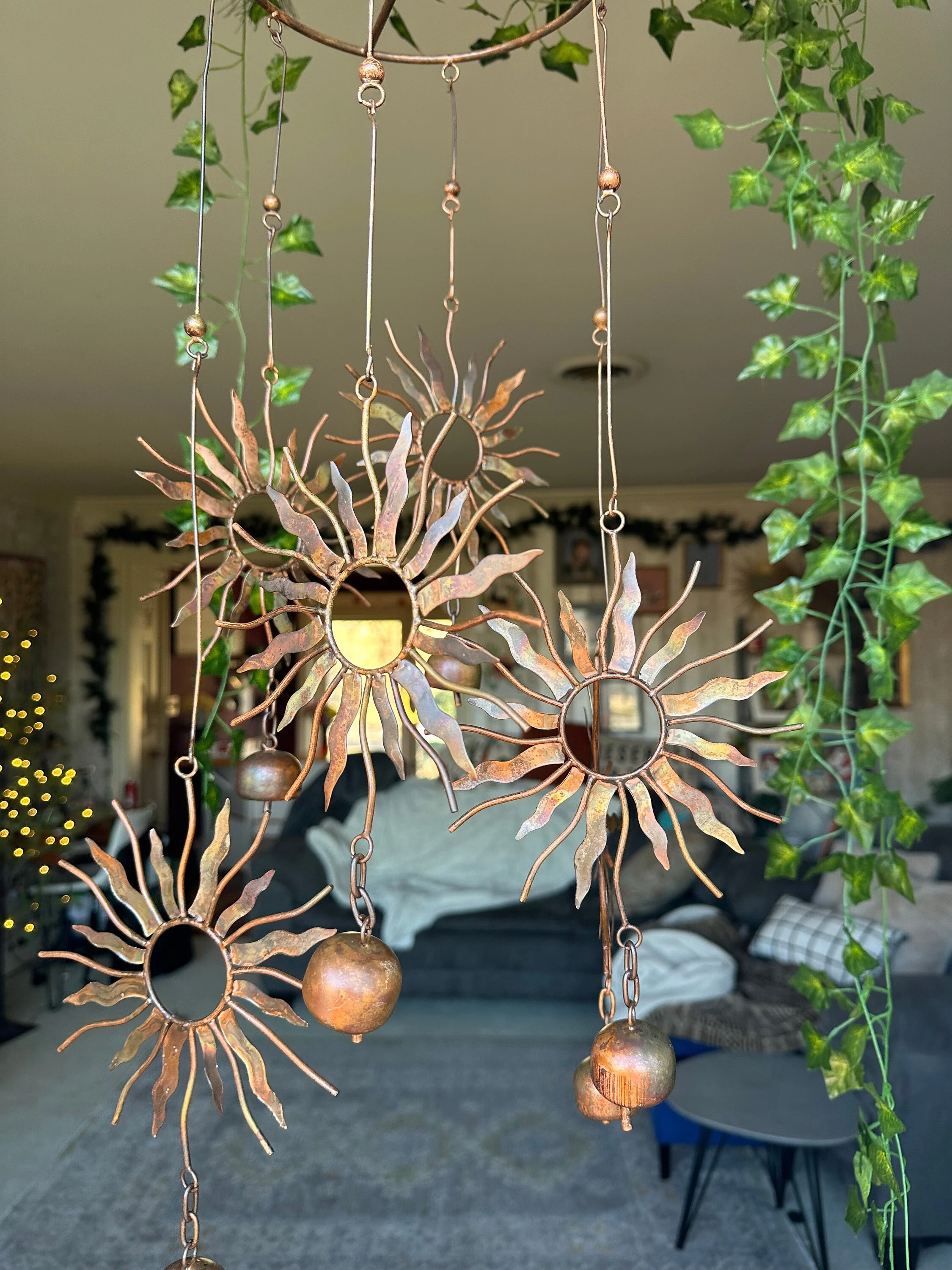 Sun Mobile with Bells, Garden Decor, Boho Sun Hanging Ornament, Handcrafted Metal Wind Chime, Gift for Gardening Mom, Outdoor Patio Decor