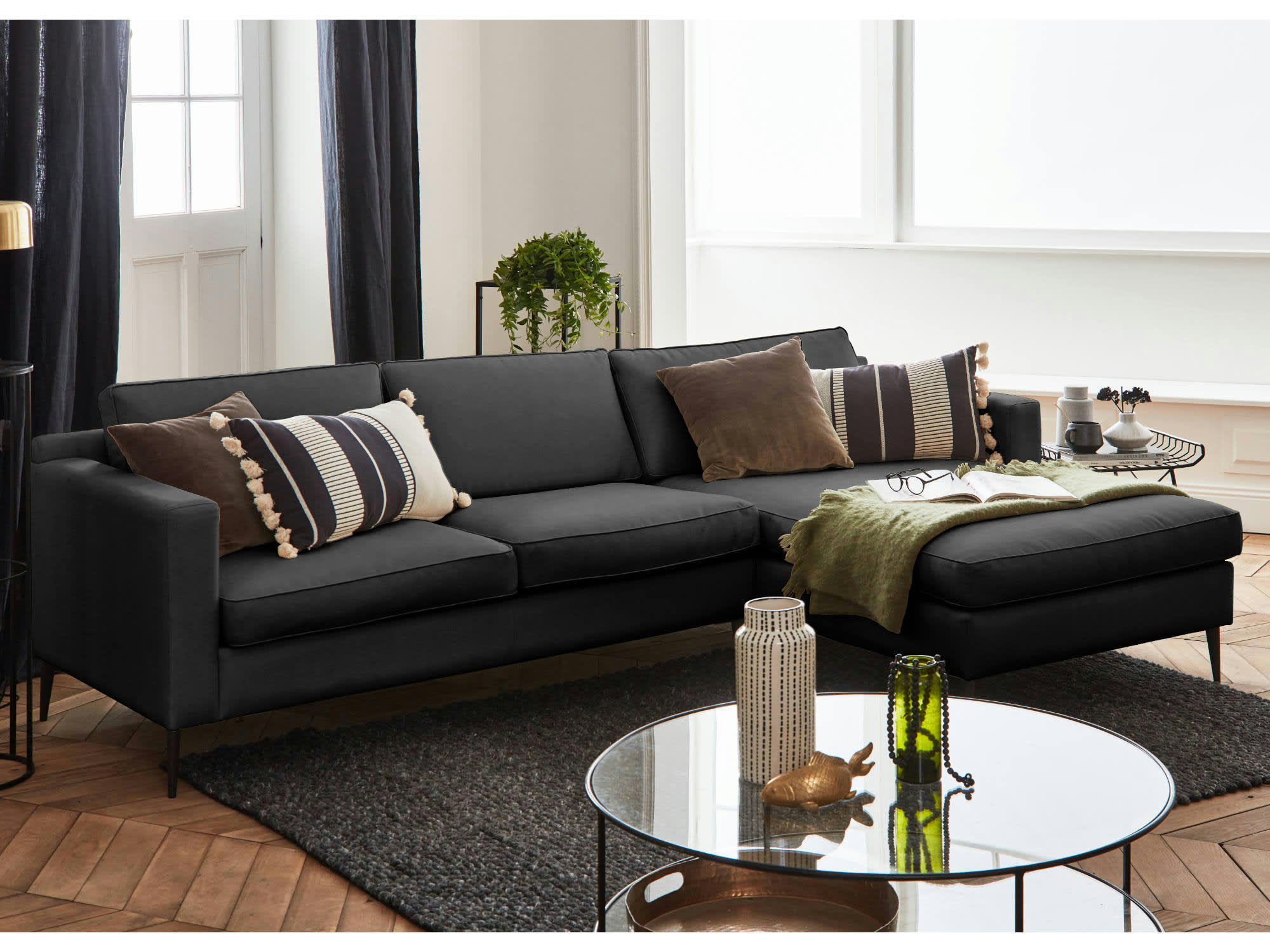 CALLIOPE - Canapé d'angle droit 4 places en tissu gris foncé