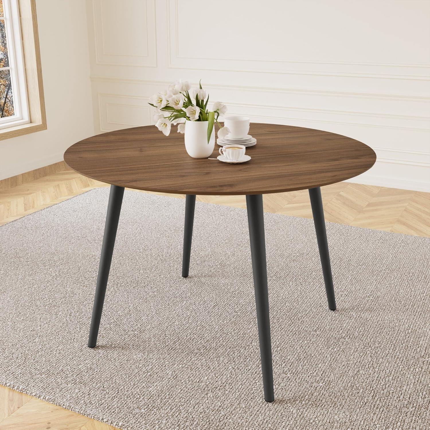 HIPIHOM 43.3 Inch Walnut Round Dining Table for 4, Space-Saving Dinette Perfect for Kitchen Dining Living Room(Walnut Table)