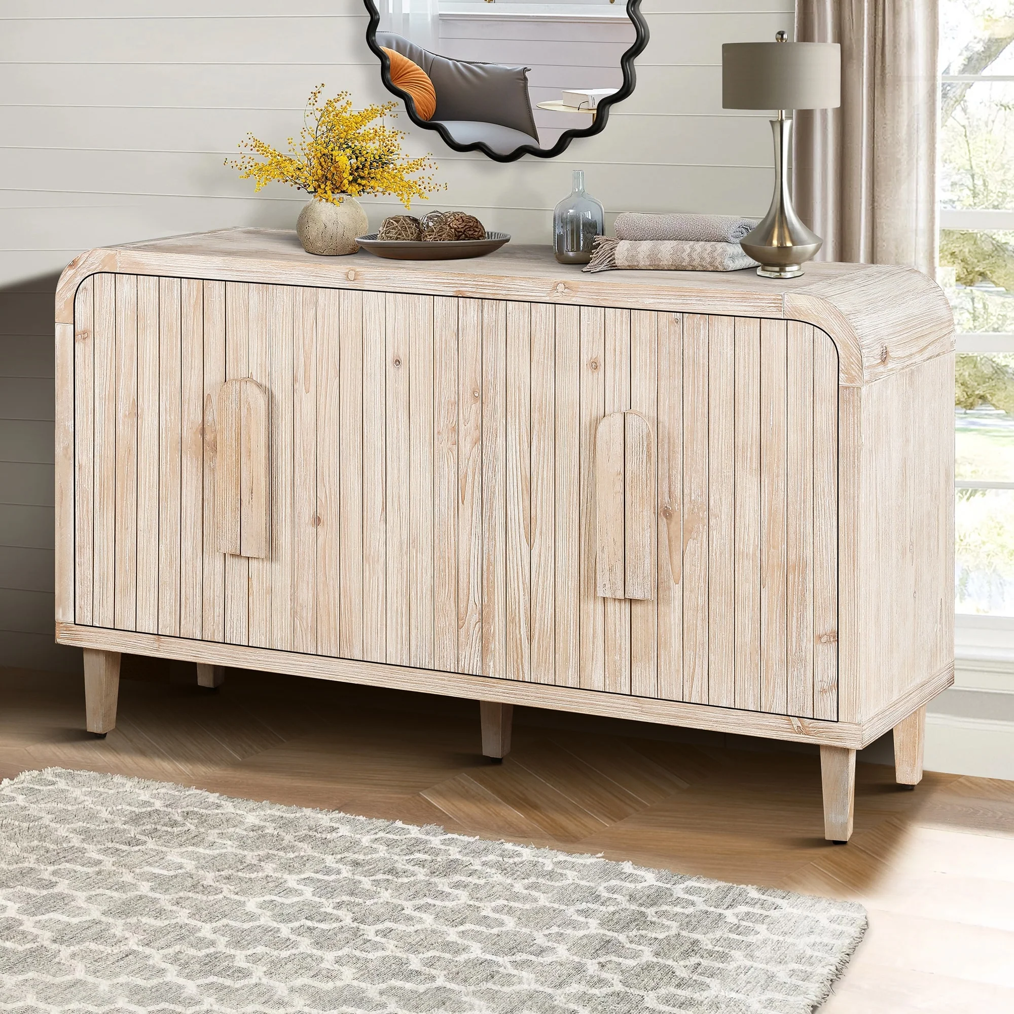 59'' Farmhouse Curved Vintage Storage Sideboard with Large Wooden Handles, Adjustable Shelves for Kitchen,Dining Room