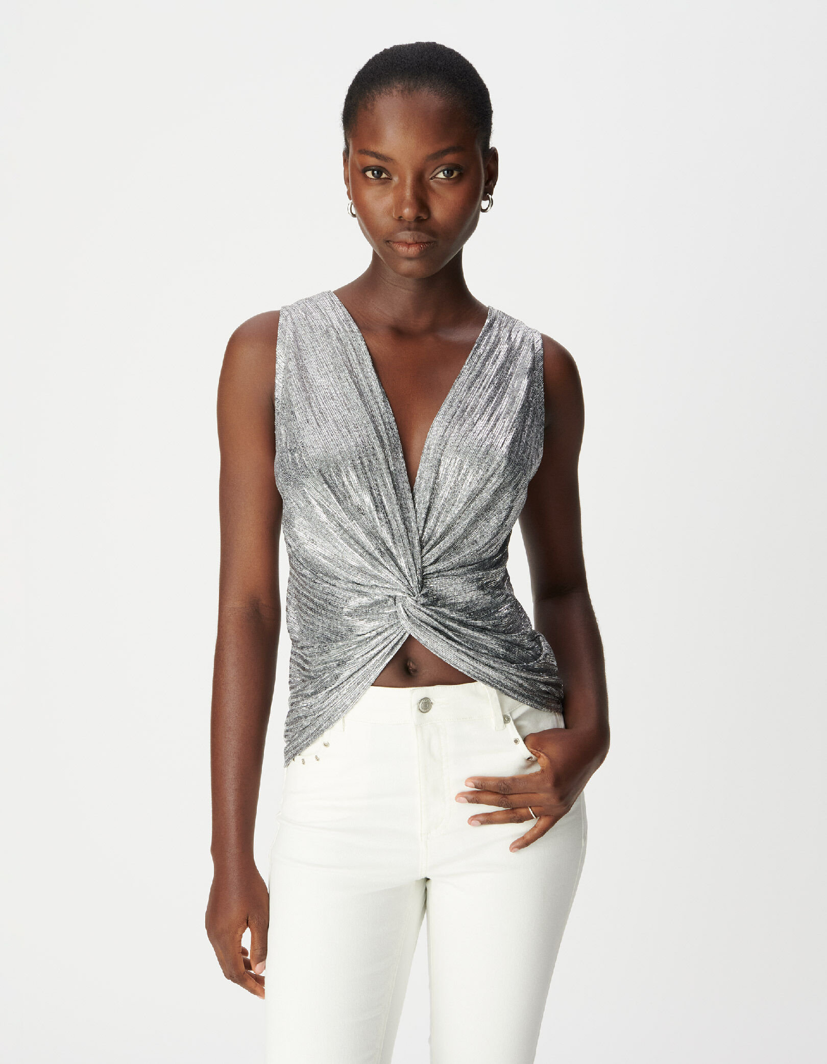 Tee-shirt sans manches gris argenté nœud dos Femme