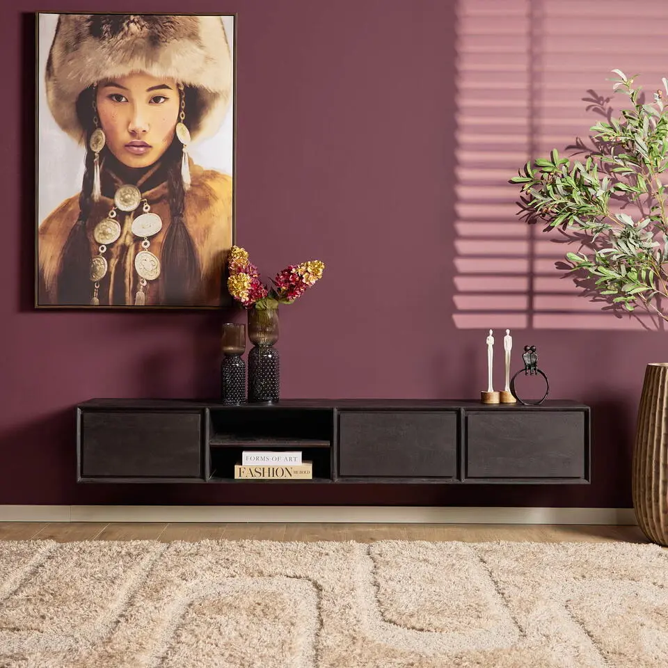 Tv-meubel Zwevend Zwart Hout - 200x35x30cm - Ambiance