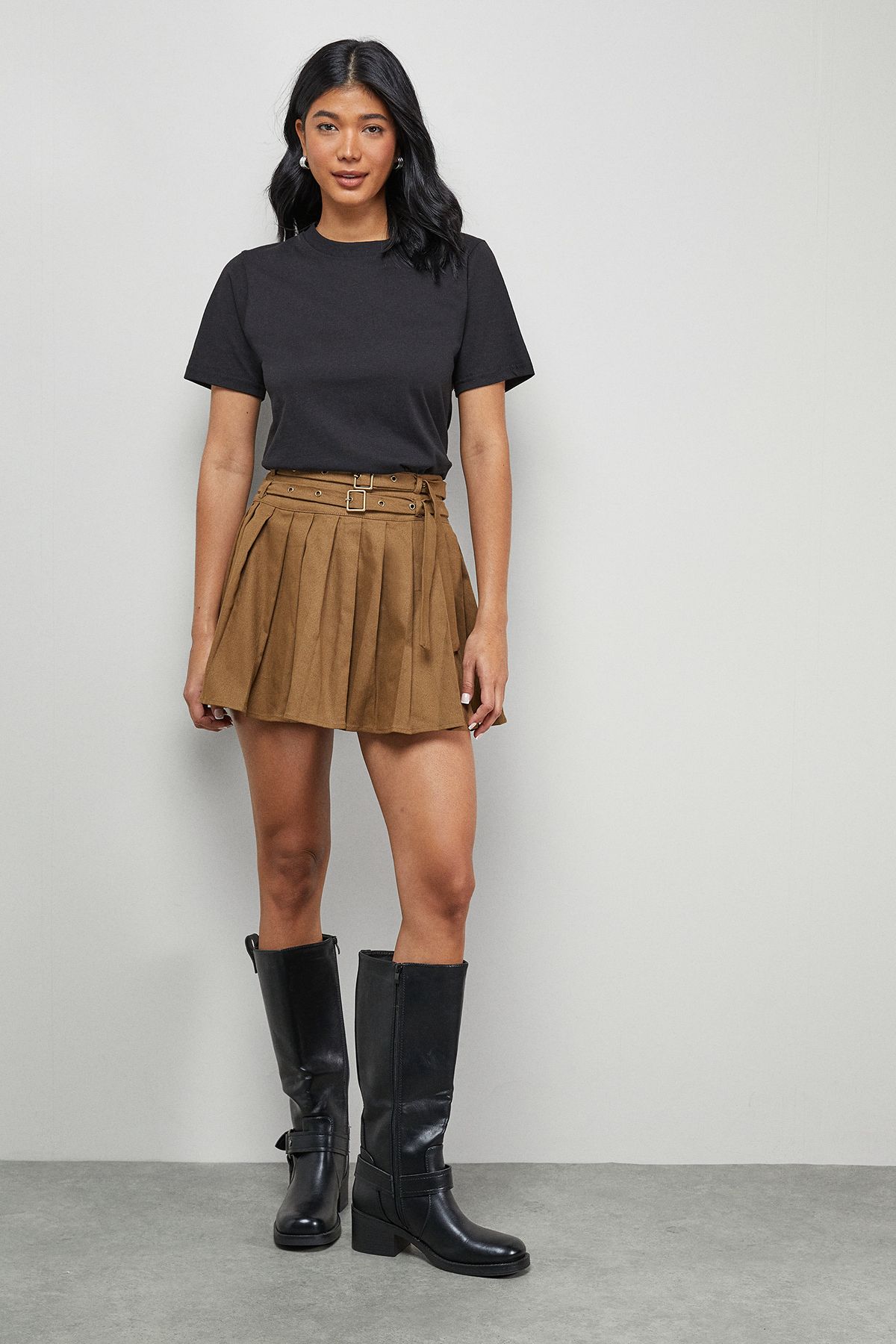 Warehouse Pleated Double Belt Mini Skirt
