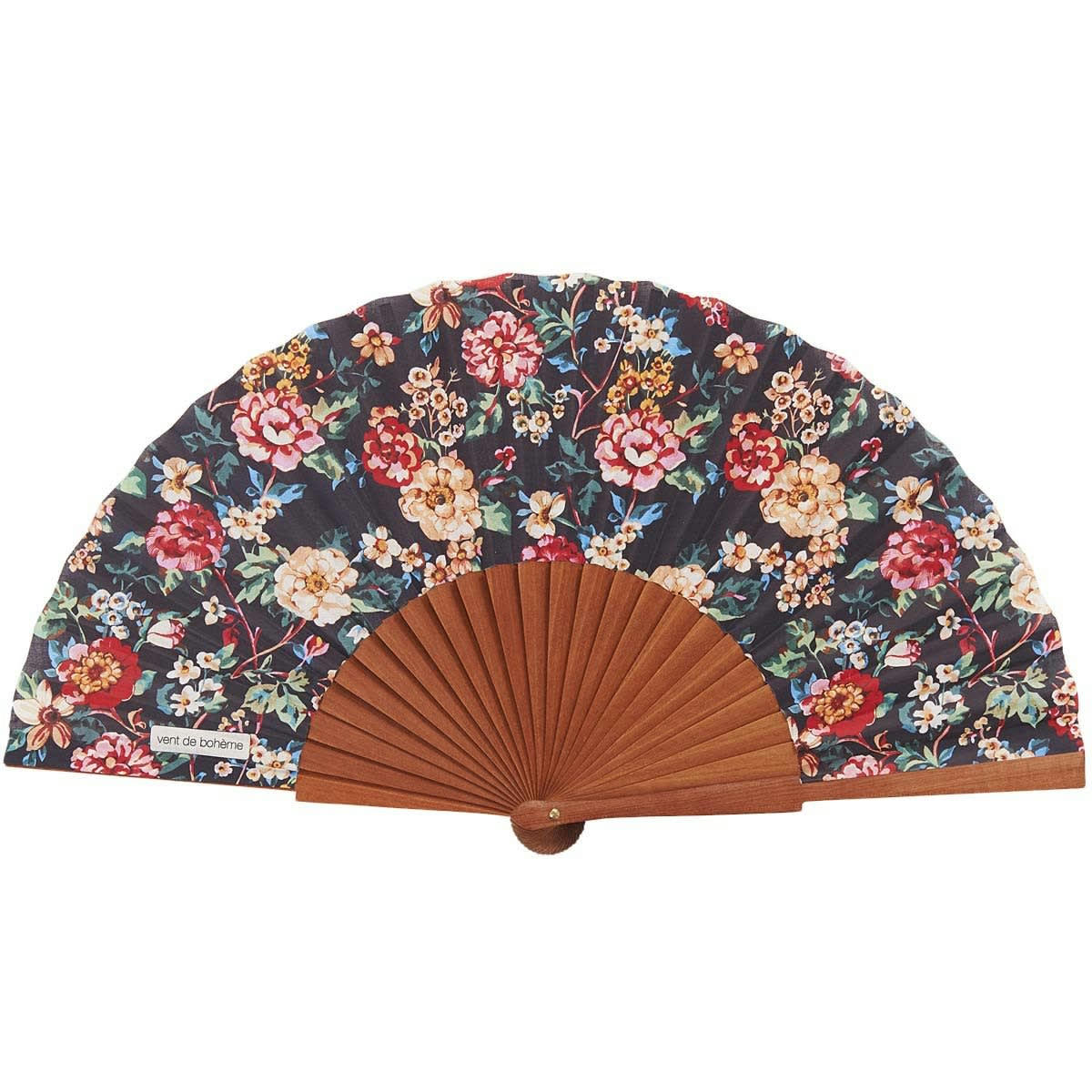 - Éventail en bois de merisier et coton imprimé fleuri