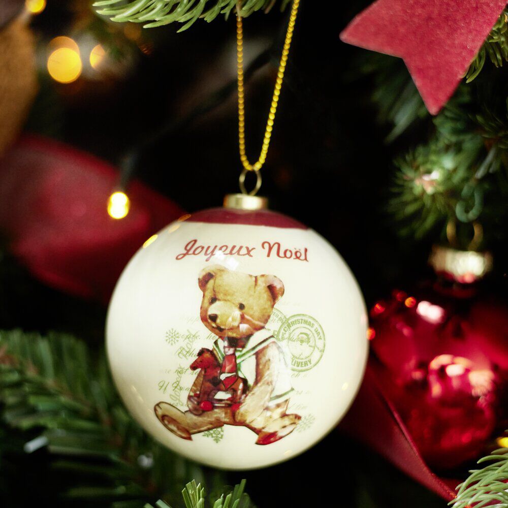 Boule de No&euml;l vintage motif jouet peluche