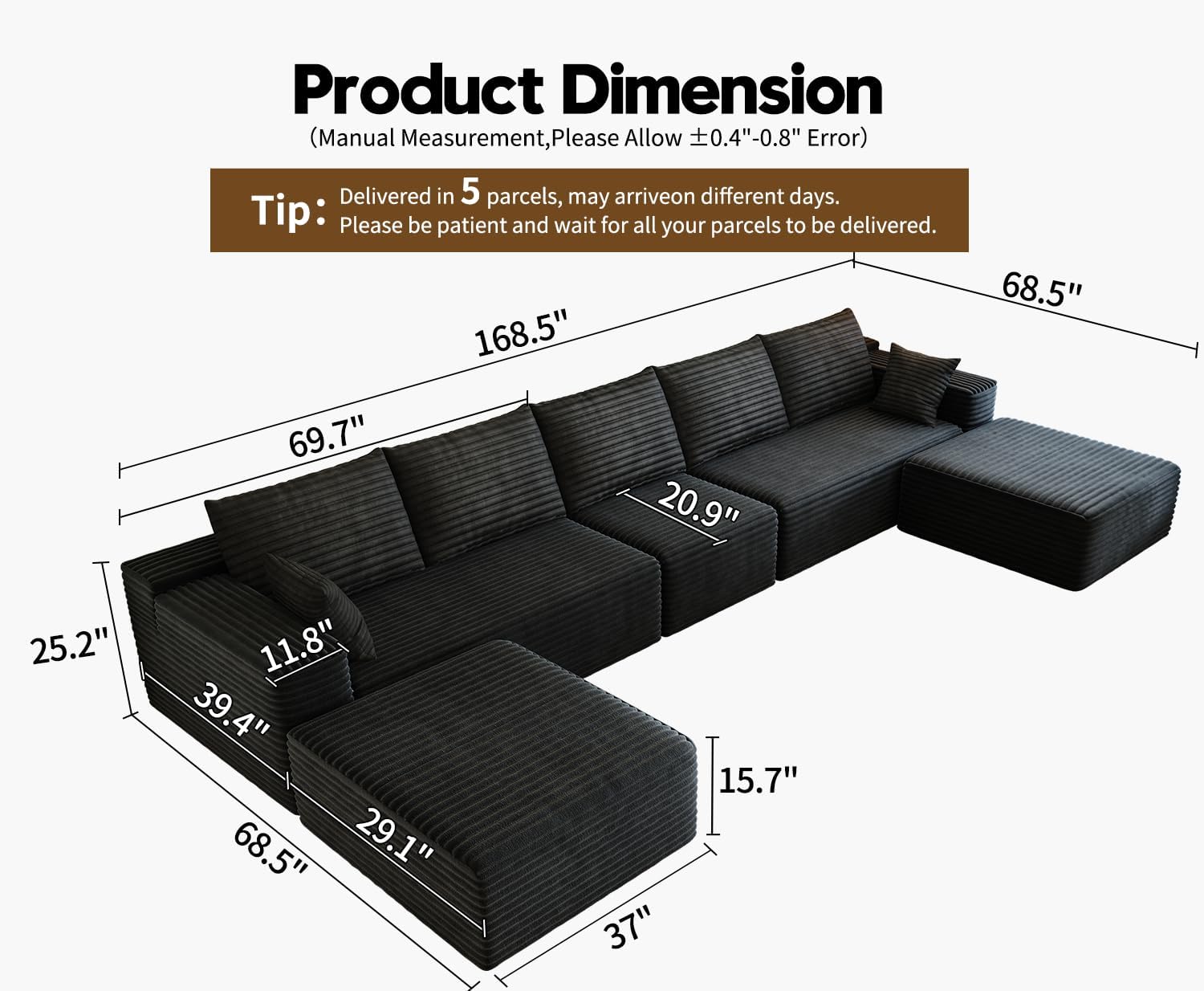 168.5 Modular Sectional Sofa, Oversized U-Shaped Minimalist Couches with 1 Middle Seat and 2 Ottomans Chaise, Modern Deep Seat Convertible Sleeper Sofa, Cloud Plush Corduroy Fabric,7 Seater, Black