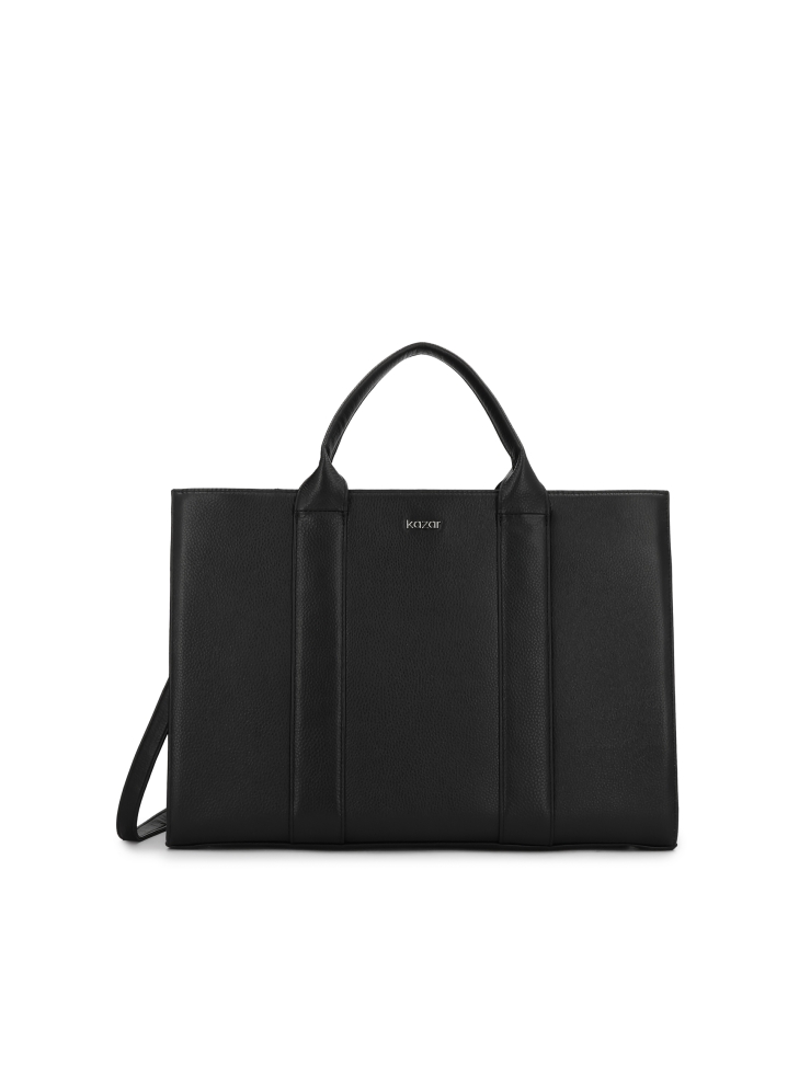 Black pea-skin leather tote bag with detachable strap