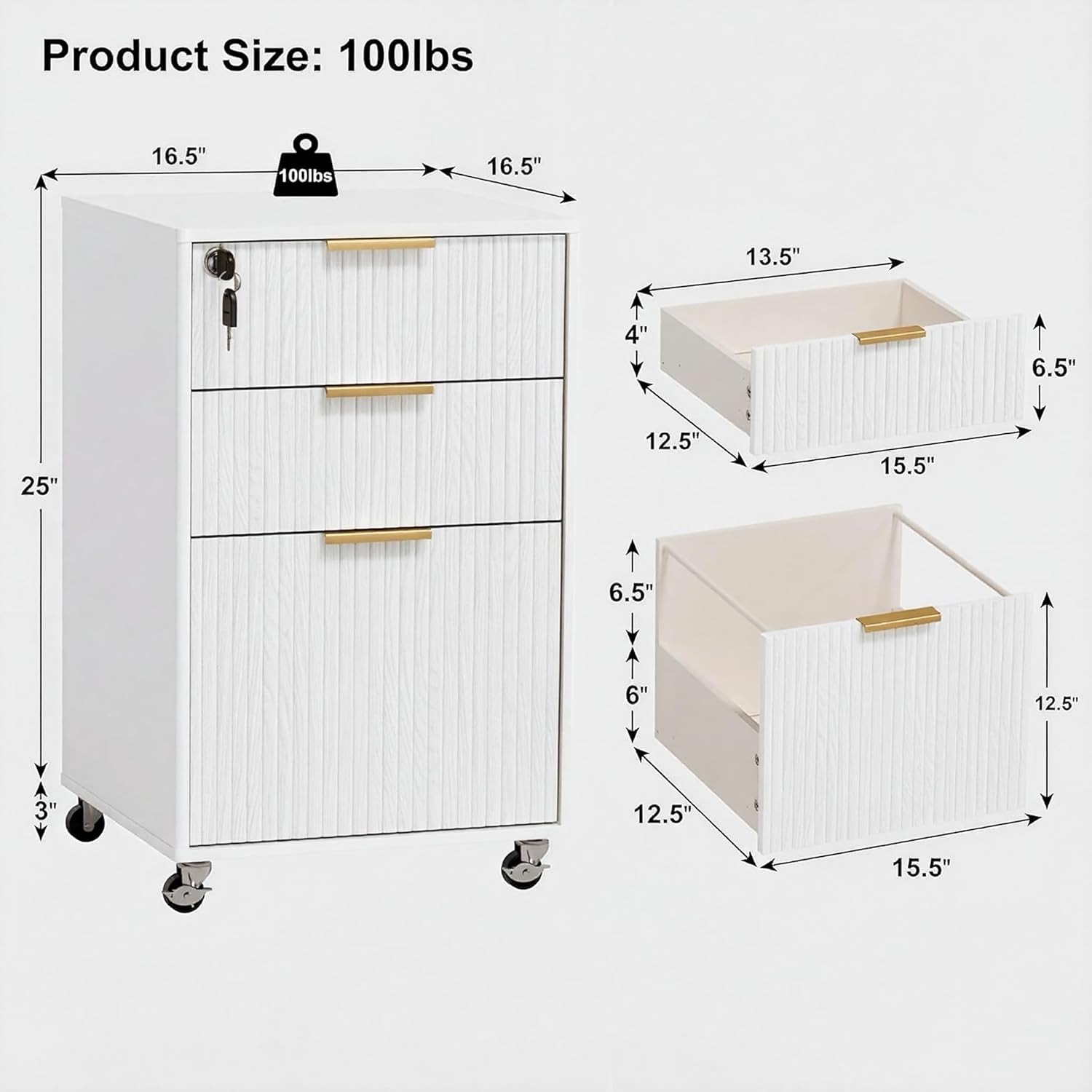 3 Drawers Fluted Mobile File Cabinet with Lock, Rolling File Cabinet Printer Stand Table, Under Desk Wooden Filing Cabinets for Home Office Essentials Storage Organization Furniture Letters/A4(White)