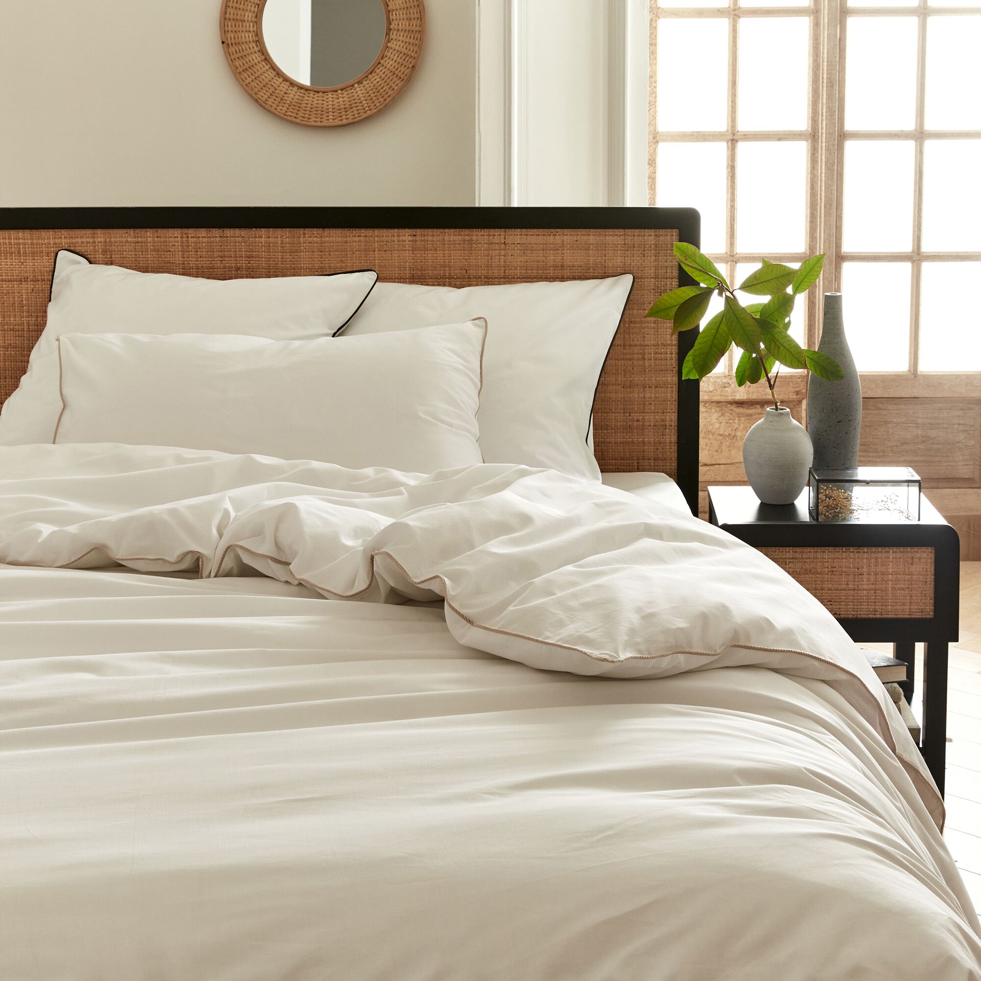 EZIO - Housse de couette en percale de coton 260x240cm liseré tressé beige alpilles - blanc