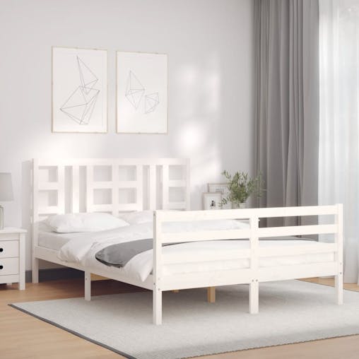 NNEVL Bed Frame with Headboard White 137x187 cm Double Solid Wood