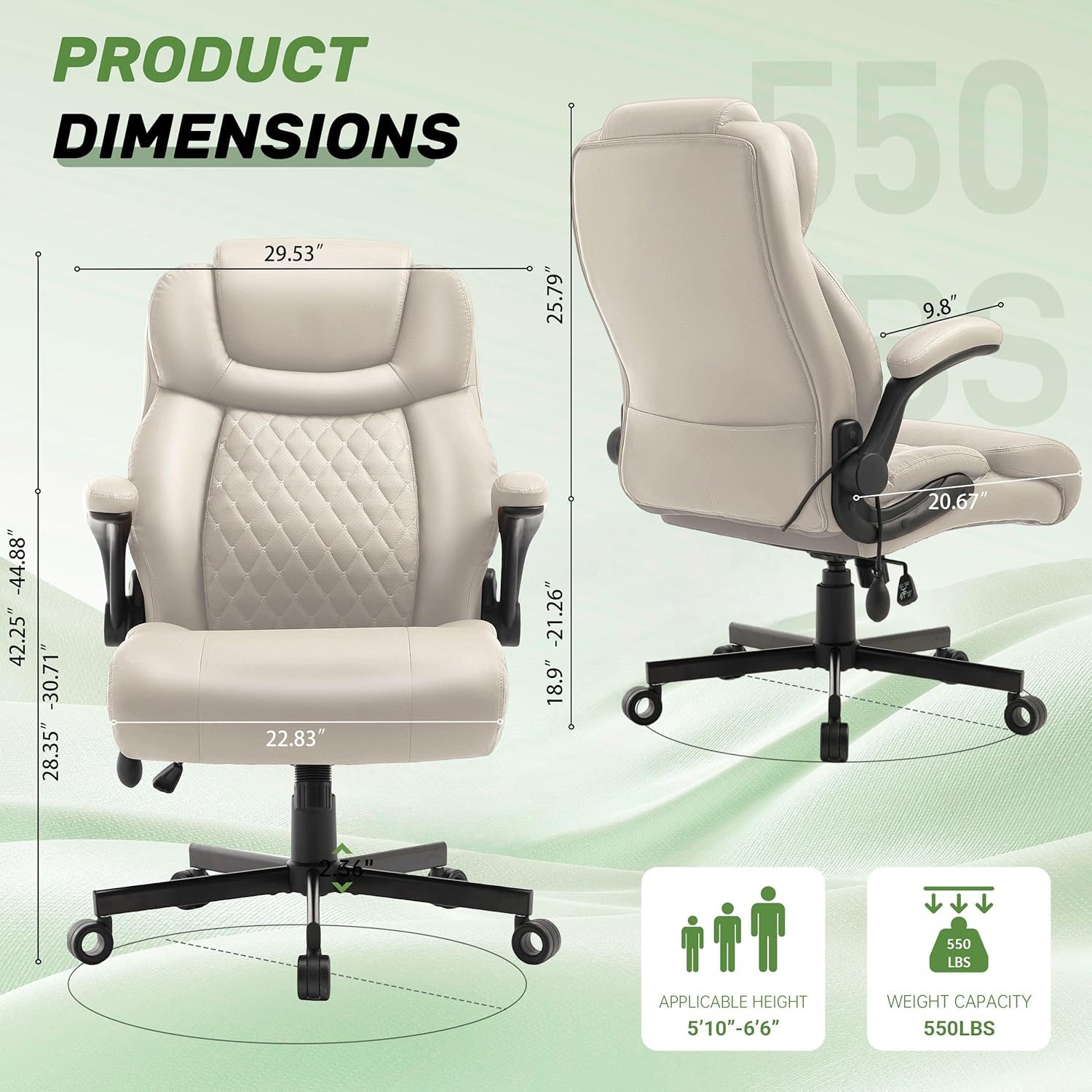 Office Chair, Big and Tall Executive Chairs with Lumbar Support for Back Pain, Breathable Desk Computer Chair with Adjustable Flip-up Armrests, Wide Cushion Swivel Home Office Chair Beigewhite