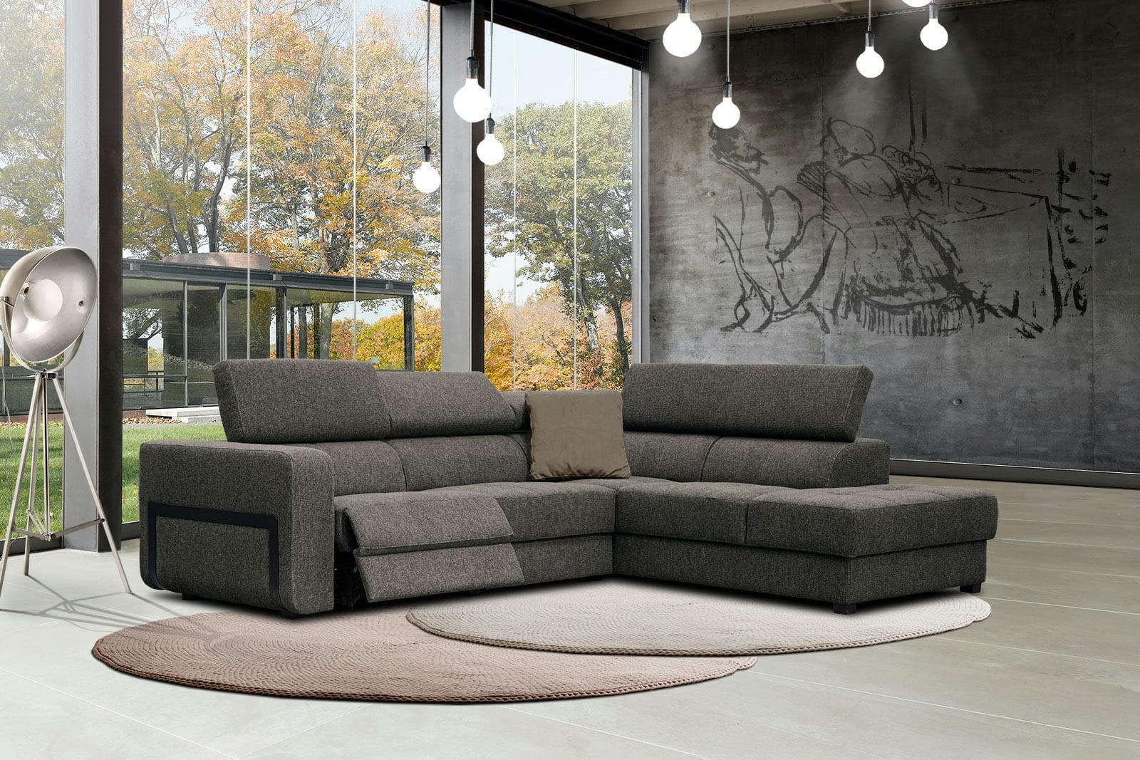 BERGO - Canapé d'angle droit 5 places avec une relax électrique tissu marron