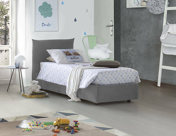 Lit simple Dbeccar, Lit coffre avec revêtement en tissu, Ouverture frontale, adapté pour matelas 80x190 cm, Gris
